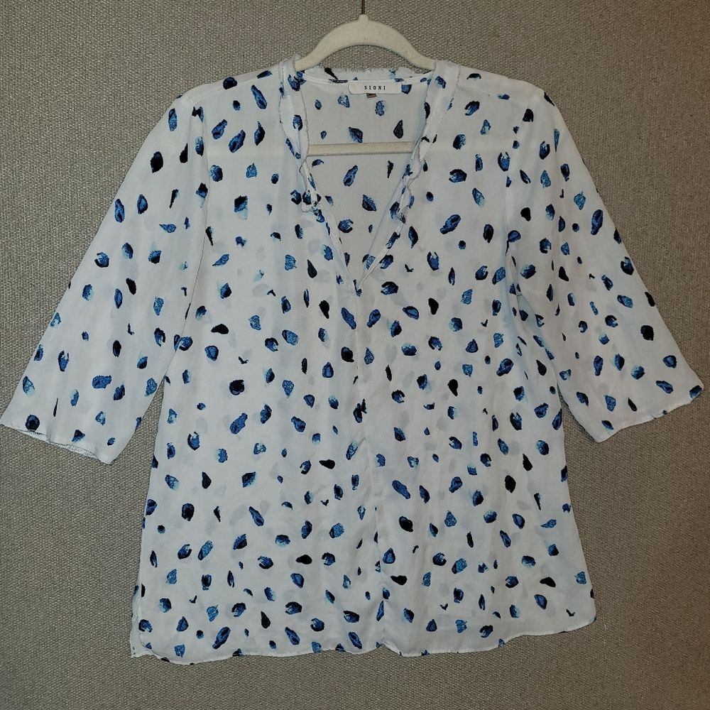 Sioni Size Medium White Blouse with Blue and Black Accents